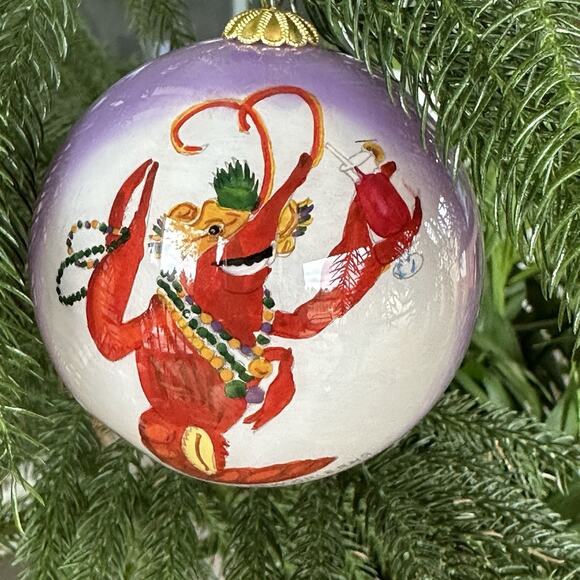The Beach Combers Mardi Gras Gator & Crawfish Glass Painted Christmas Ornament - Picture 12 of 16